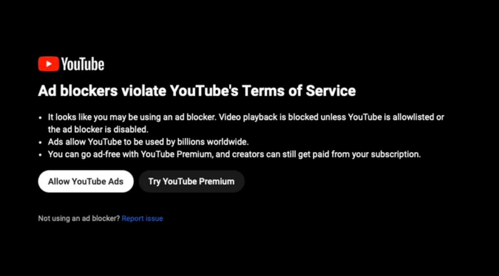 Youtube warning ad blockers