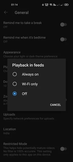 turn off YouTube's Auto Playing video thumbnail
