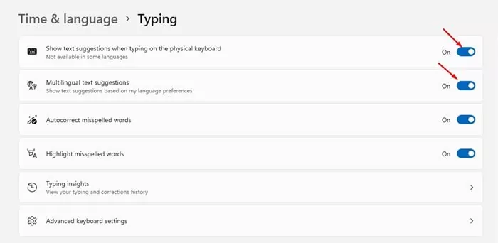 'Show text suggestions when typing on the physical keyboard'