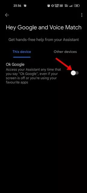 toggle off the switch for 'Ok Google'