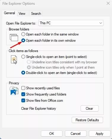 Open each folder in its own window