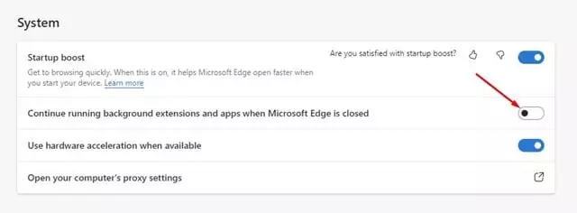 disable the 'Continue running background extensions and apps when Microsoft Edge is closed'