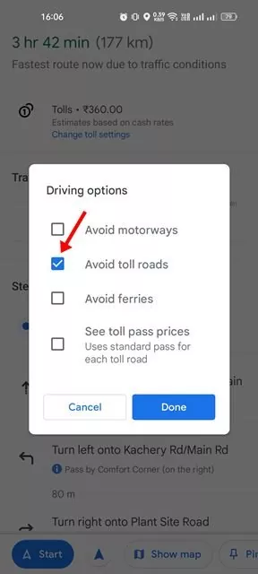 enable to toggle for Avoid tolls