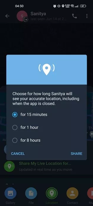 select how long you want to share your live location