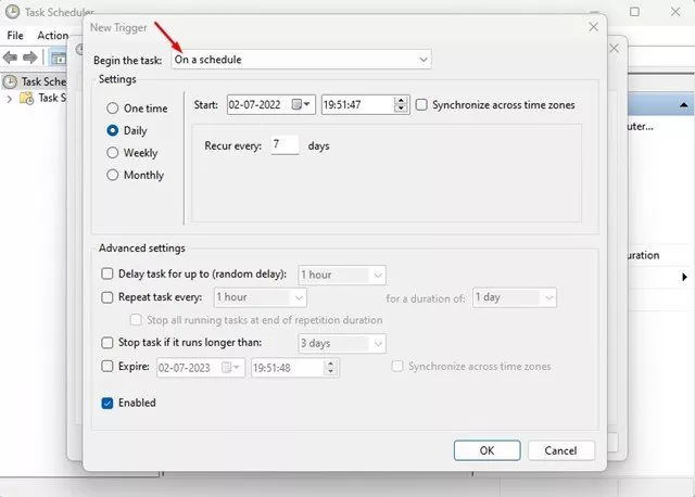 configure the scheduling settings (date, time, and frequency)