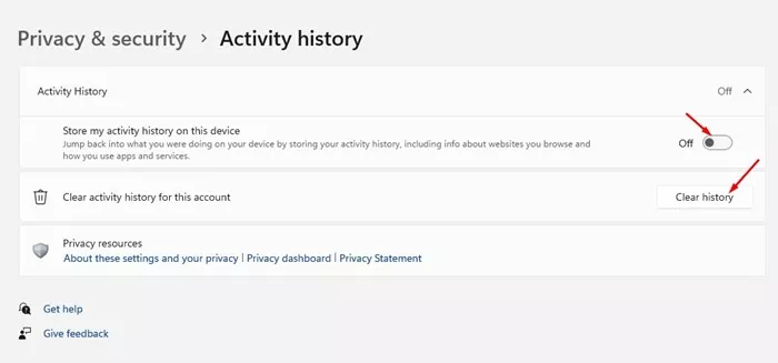 'Store my activity history on this device'