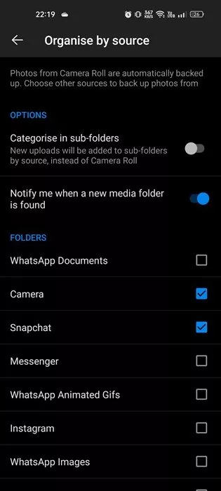 select the folders you want to include