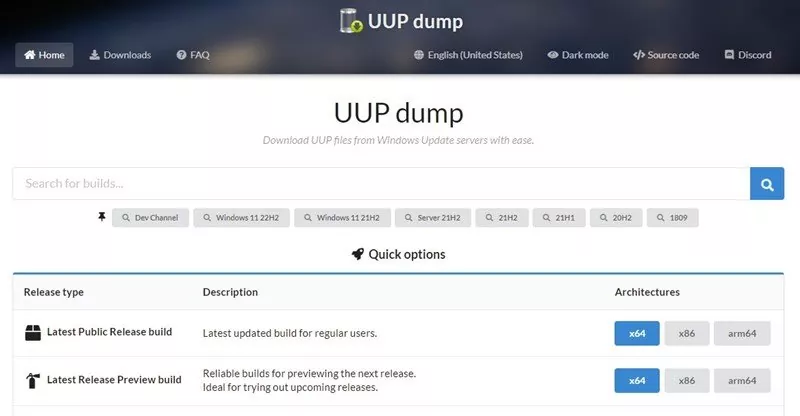 UUP Dump page