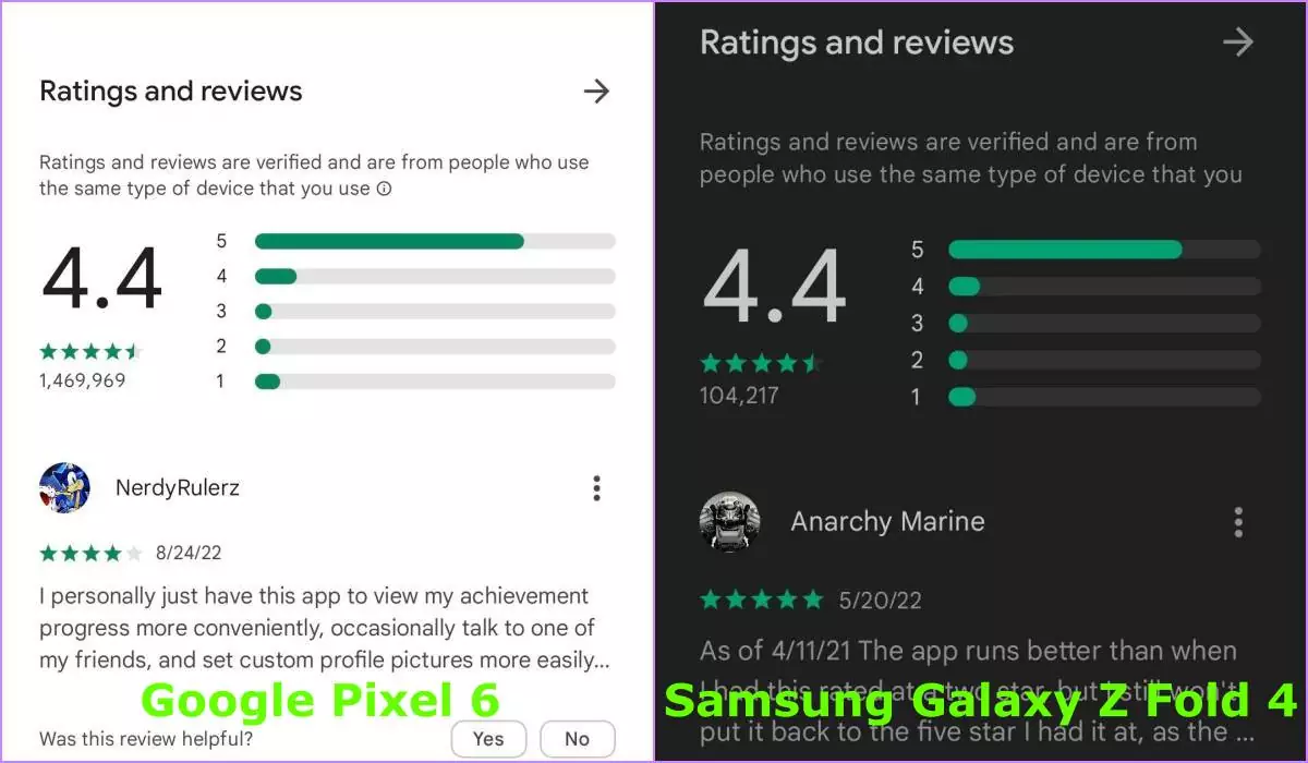 Google Play Store Get New Device Type Ratings
