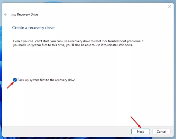 Backup system files to the recovery drive