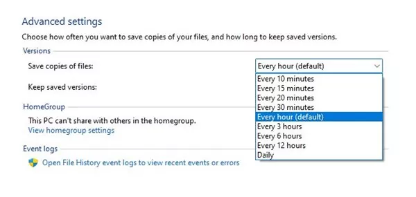 set a schedule to run the File History