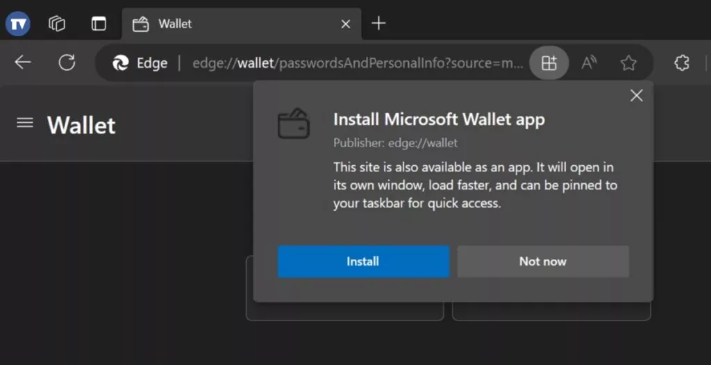 Microsoft Wallet web app