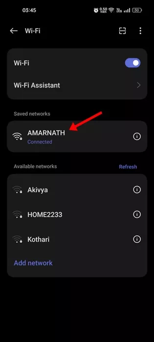 tap on the WiFi network name