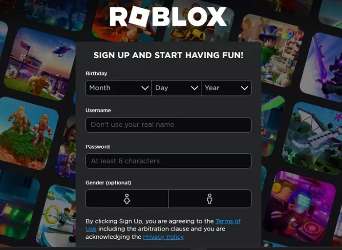 Roblox Account Sign up page