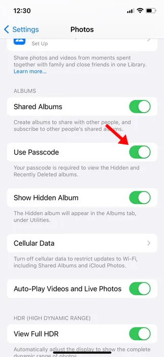 enable the toggle for Use Passcode
