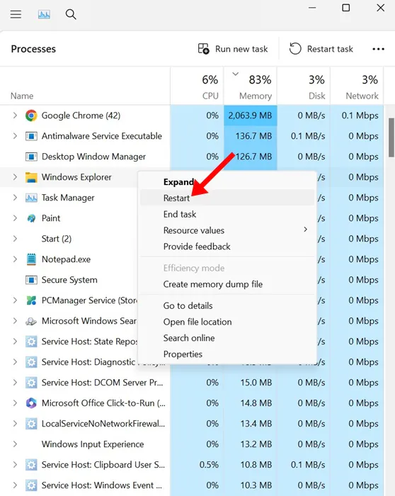 Restart the Windows Explorer Process