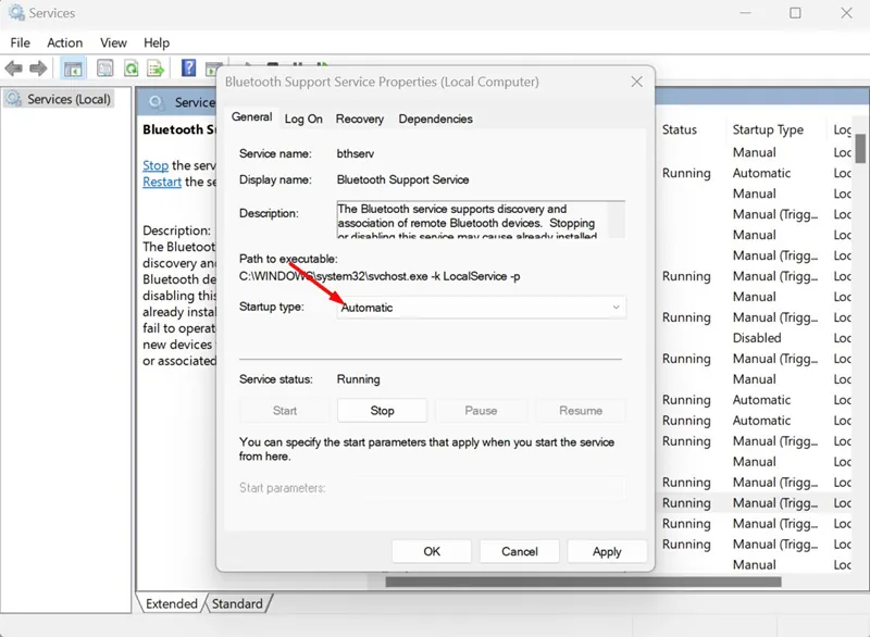 Make changes to the Bluetooth Support Service