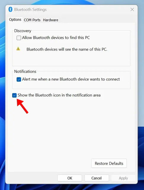 Show the Bluetooth icon in the Notification area