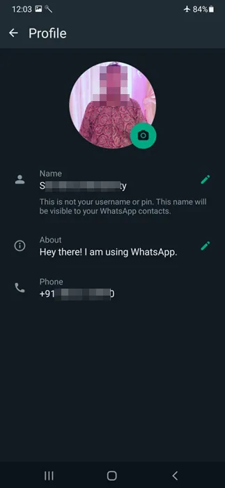 Phone number on a Samsung Device via WhatsApp