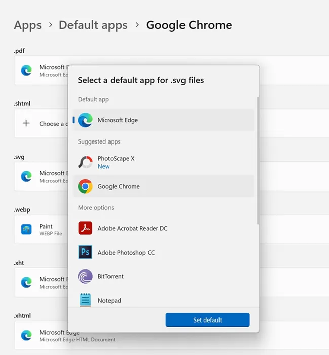 set Google Chrome as the default app for other file types