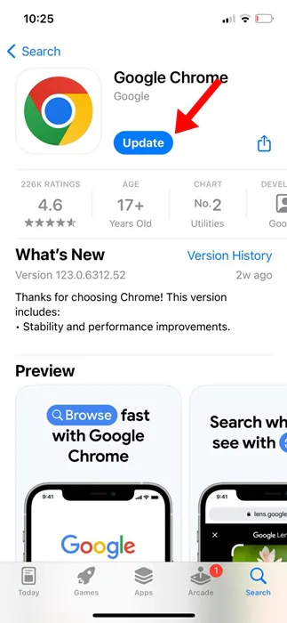 Update Chrome Browser on iPhone